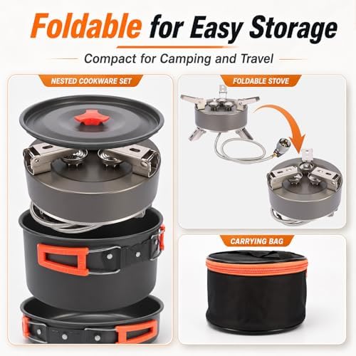 Portable Camping Stove, 5800W Foldable Outdoor Gas Stove with Nonstick Pot, Frying Pan, Mesh Carry Bag, 1 lb Propane Tank Adapter and Hose for Camping, Hiking, Picnic