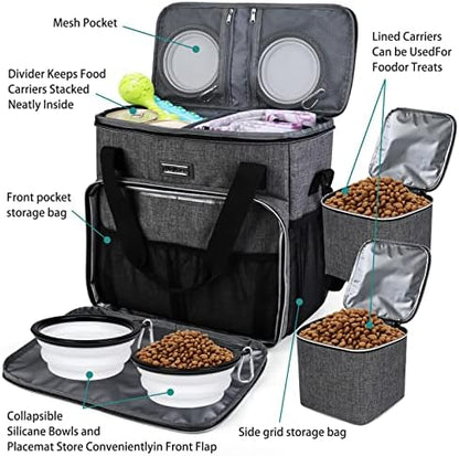 BAGLHER Dog Travel Bag, Pet Travel Bag (ALL Pet Travel Supplies), With 2 Pet Food Containers and 2 Collapsible Silicone Bowls; Essential Kits for Pet Travel Grey