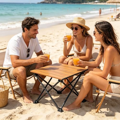 Wind Tour Roll-Up Camping Table, 4-Person Lightweight Portable Outdoor Table with Carry Bag for Picnics BBQ Travel (15.7”x13.7”x11”| Wood Grain)