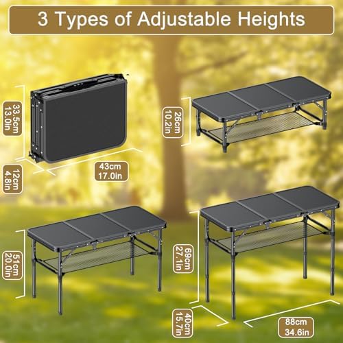 Folding Camping Table, 3 FT Folding Portable Camping Table, Outdoor&Indoor Picnic Table with 3 Adjustable Height Max 27.1",Lightweight Aluminum Camping Tables, Car Camping Essentials-Pure Black