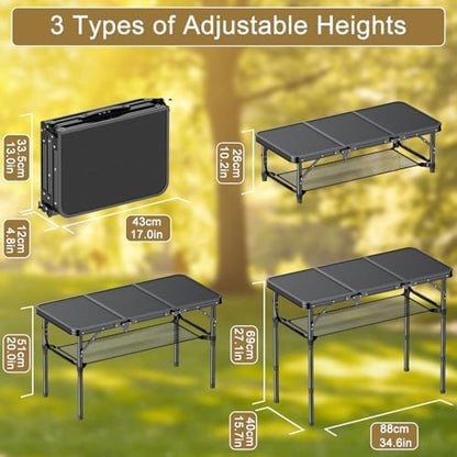Folding Camping Table, 3 FT Folding Portable Camping Table, Outdoor&Indoor Picnic Table with 3 Adjustable Height Max 27.1",Lightweight Aluminum Camping Tables, Car Camping Essentials-Pure Black