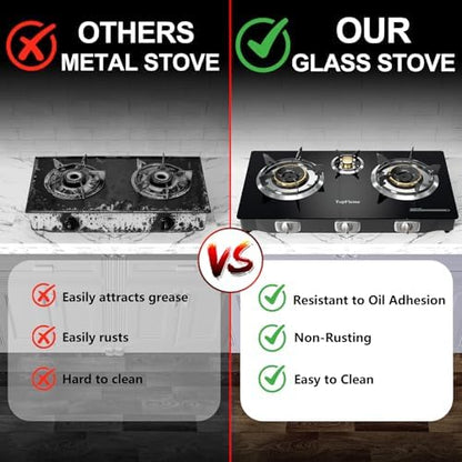 3 Burner Propane Stove 32,300 BTU High-Efficiency Tempered Glass Auto-Ignition Gas Burner Stove Top with CSA Hose for Outdoor RV Camping Emergency Cooking