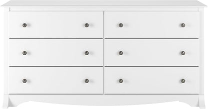 Prepac Sonoma 6-Drawer Double Dresser for Bedroom, Wide Chest of Drawers, Traditional Bedroom Furniture, 59" wide x 17.5" deep x 29" tall, White