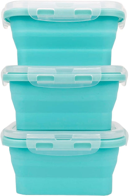 CCyanzi 3piece Collapsible Food Storage Containers with Lids, Silicone Lunch Container, Microwave & Freezer Safe, Space Saving for Kitchen Cabinet and Camping Backpack,(blue)