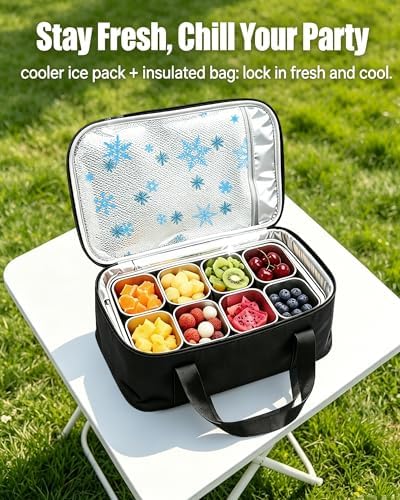Snackle Box Container, Stainless Steel Divided Serving Tray with Lid and Handle,Large Snack Tray for Fruit Veggie, 4-Compartment Snack Platter for Travel Party Beach Picnic,with Ice Pack(Silver White)