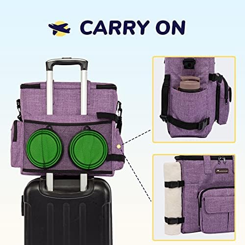 Modoker Dog Travel Organizer Carriers for Supplies & Accessories, Airline Approved Cat Pet Travel Bag, 2 Collapsible Bowls, 2 Travel Dog Food Container, Purple