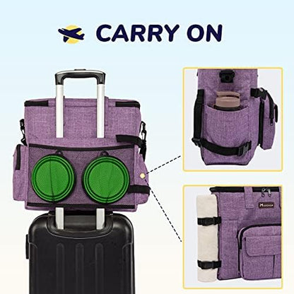 Modoker Dog Travel Organizer Carriers for Supplies & Accessories, Airline Approved Cat Pet Travel Bag, 2 Collapsible Bowls, 2 Travel Dog Food Container, Purple