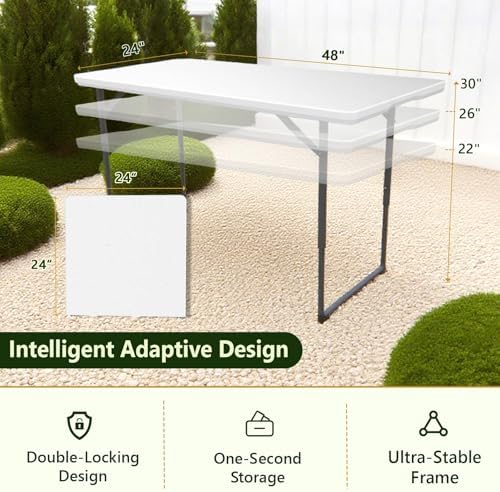 Folding Table, 4FT Foldable Picnic Table with Adjustable Height, Heavy Duty Fold-in-Half Portable Table for Weddings, Camping, RV Travel, Parties, BBQs, and Indoor Use, Easy to Fold and Store