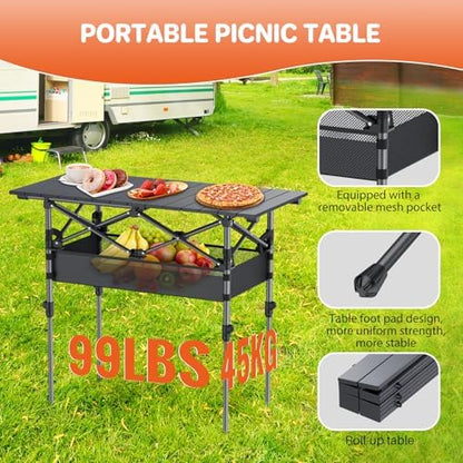 Folding Camping Table(L32.3''xW15.7''), 2 Adjustable Heights 17.3''/27.6''