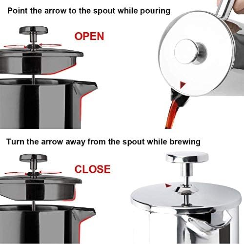Secura French Press Coffee Maker, 304 Grade Stainless Steel Insulated Coffee Press with 2 Extra Screens, 34oz (1 Litre), Silver