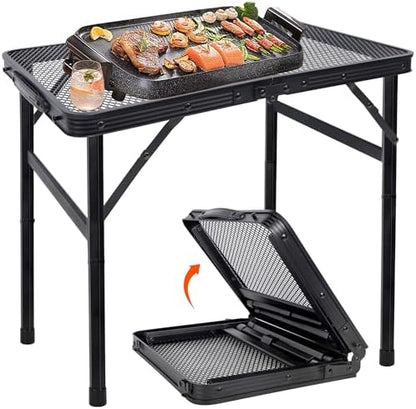 FORUP Small Folding Table, Camping Table with Mesh Desktop, Portable Picnic Table with Carry Handle, Height Adjustable Portable Grill Table for Outside Inside Use