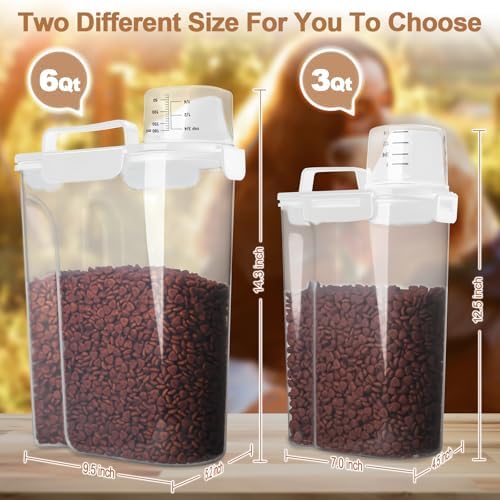 TIOVERY Dog Food Storage Container, 5-7 Lbs Airtight Pet Food Container, Cat food Container Dispenser with Portable Handle, Pouring Spout and Measuring Cup for Dogs Cats 2Pack White/6Qt