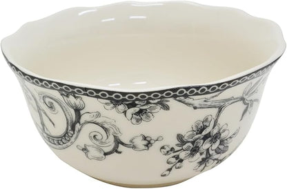 222 Fifth Adelaide 16-Piece Casual Grey Porcelain Dinnerware Set – Service for 4, Classic Toile Bird & Floral Design, Microwave & Dishwasher Safe, for Everyday Dining & Entertainment