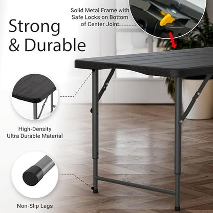 4 Feet Foldable Table Adjustable Height with Built in Handle, Steel Legs | 4FT Heavy Duty Portable | Perfect for Party Dining Wedding Events Picnic Indoor Outdoor Camping Utility Folding - 4 Foot