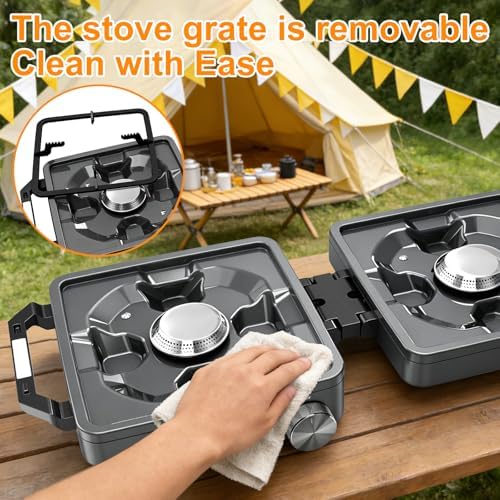 2-Burner Pro Camping Stove,24000 BTU Camp Stove,Foldable Propane Stove Includes Carry Bag,Windscreen Griddle, Portable Stove,Camping Essentials,Suitable For Outdoor Cooking (Gray)