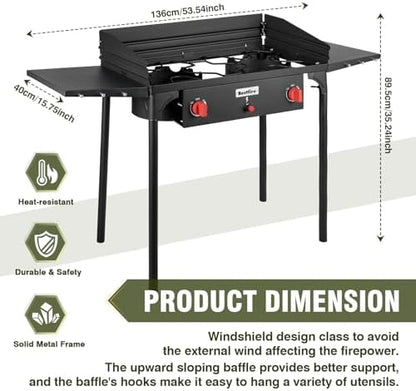 Bestfire 150,000 BTU 2 Burner Propane Camping Stove with Auto Ignition, Windpanel, Portable Outdoor Gas Cooker with Removable Legs, Side Shelves for Camping, BBQ