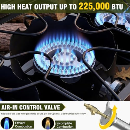 BESTFIRE 3 Burner Camping Stove, 225,000 BTU Propane Stove with Detachable Windscreen, Removable Legs & 20 PSIG Regulator&Octagonal Auxiliary Shelf&Ignition wire for Outdoor Cooking, Canning, BBQ