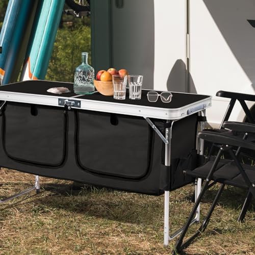 VINGLI 4 Ft Folding Table, Aluminum Camping Table, Picnic Table with Storage, Adjustable Height for Outdoor Beach BBQ Backyards Travel Party (Black)