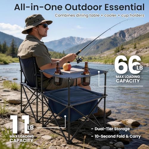 Portable Outdoor Folding Camping Table with 4 Cup Holders & Cooler Compartment, Waterproof Picnic Table for Picnic, BBQ, Beach, Hiking (Navy Blue)