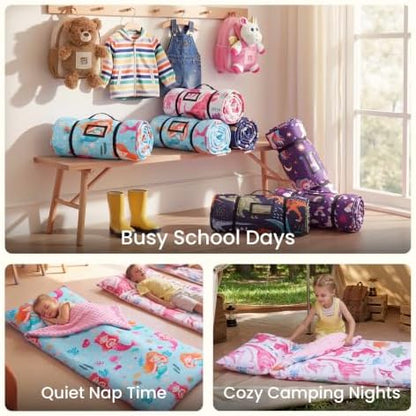 JOIEDOMI Toddler Nap Mat with Removable Pillow and Minky Blanket 55''x30'' Kids Sleeping Bag for Boys and Girls Ages 3-6 Roll Up Soft Nap Mats for Preschool Kindergarten Daycare Sleepover