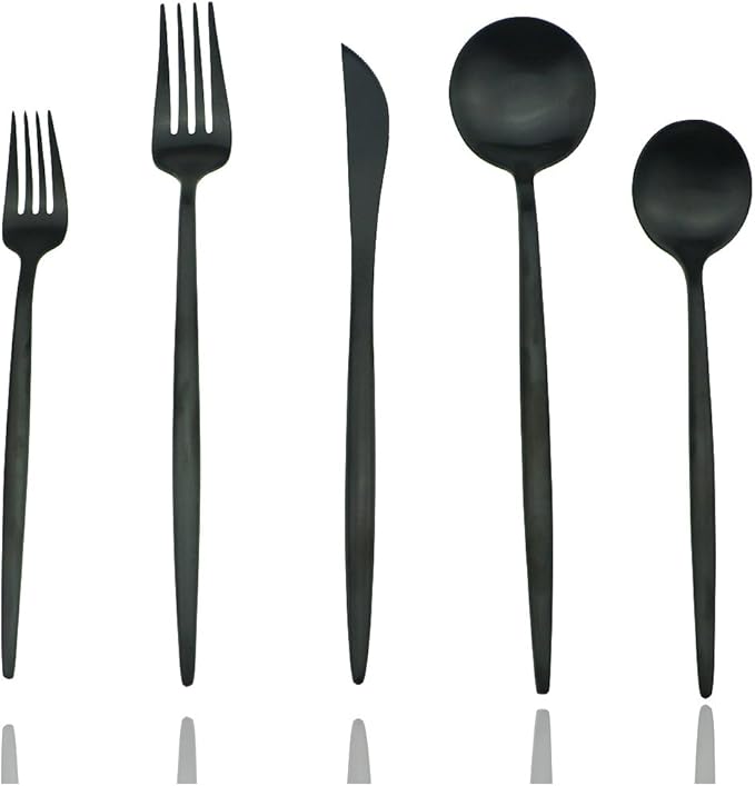JASHII 18/10 Stainless Steel 5-Piece Matte Black Flatware Set,Dinner Knife Fork Salad Fork Dessert Spoon, Service for 1, Luxury Silverware Cutlery Utensil Sets