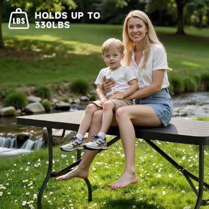 Heavy Duty Folding Table, Sturdy Portable Foldable Table with Safety Lock, Indoor Outdoor Use for Camping Party, 6/8 Foot (Standard, Black-Wood Grain, 6FT-10 Pack)