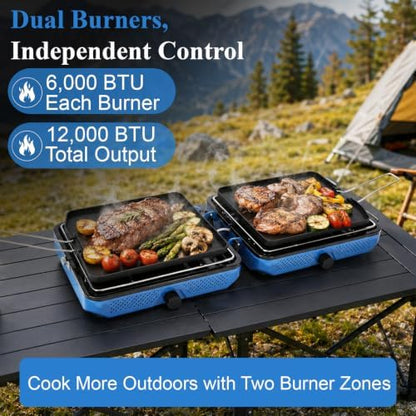 Uniflasy Foldable 2 Burner Camping Stove with Griddles