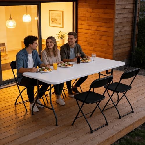 Folding Table 2 Pack, 6FT Folding Table Portable with Built-in Handle, Heavy Duty Plastic Table with Steel Legs Supports to 300lbs, Suitable for Party, Camping, Events Indoor&Outdoor Use, White