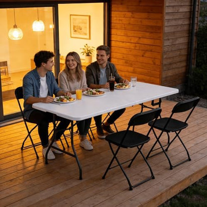 Folding Table 2 Pack, 6FT Folding Table Portable with Built-in Handle, Heavy Duty Plastic Table with Steel Legs Supports to 300lbs, Suitable for Party, Camping, Events Indoor&Outdoor Use, White