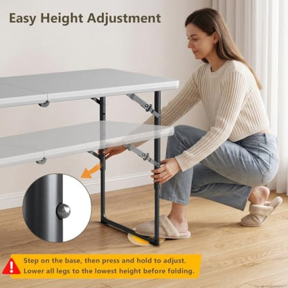 2 Pack 4 FT Folding Table with Adjustable Height, Heavy Duty Fold in Half Utility Table, Portable Plastic Picnic Table, No Assembly Card Table for Camping, BBQ, Party, RV Travel