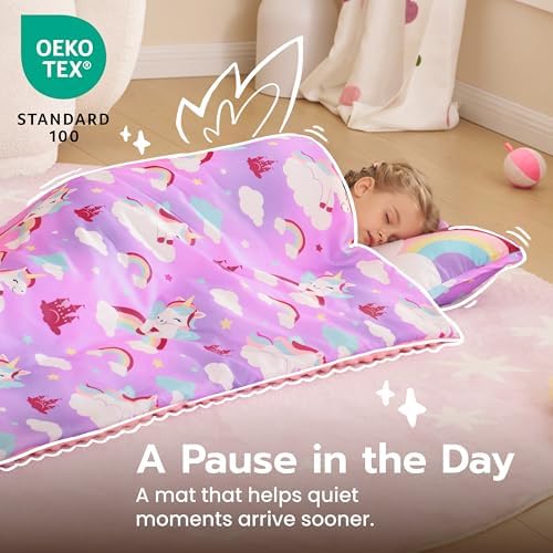 JOIEDOMI Toddler Nap Mat with Removable Pillow and Minky Blanket 55''x30'' Kids Sleeping Bag for Boys and Girls Ages 3-6 Roll Up Soft Nap Mats for Preschool Kindergarten Daycare Sleepover