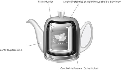 Degrenne Salam Luxury French Tea Pot - Porcelain Teapot with Bronze Aluminum Cover, Ceramic Tea Kettle for Loose Tea, Removable Infuser, 6 Cup Capacity, 36oz - Black
