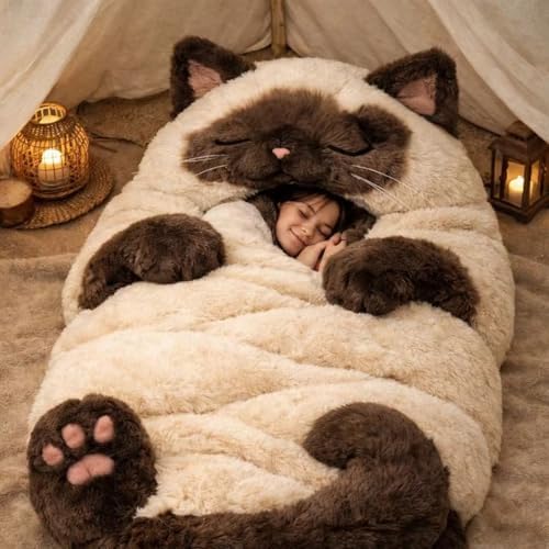 Giant Fluffy Cat Sleeping Bag for Adults - Soft Plush Cat Shaped Sleeping Bag for Human, Cozy & Warm Envelope Style Blanket Animal Shaped Sleep Bags for Home Camping Travel