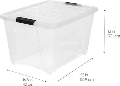 IRIS USA 54 Qt Stackable Plastic Storage Bins with Lids, 4 Pack - BPA-Free, Made in USA - See-Through Organizing Solution, Latches, Durable Nestable Containers, Secure Pull Handle - Clear