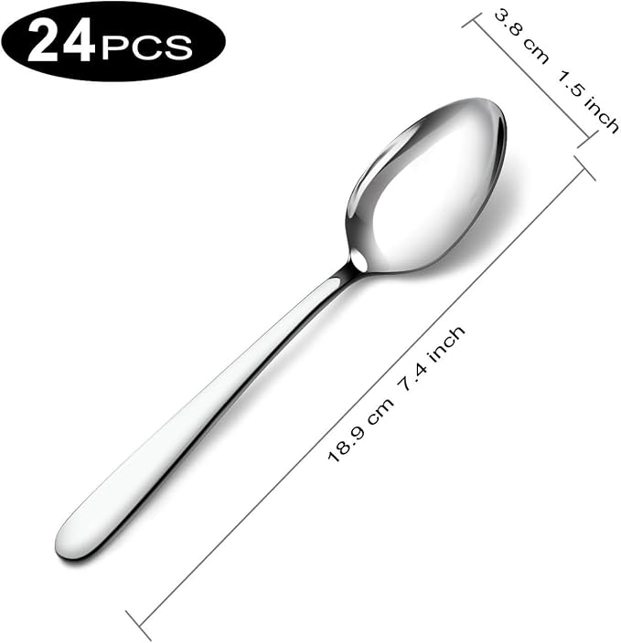 Pleafind 24 -Pcs Dinner Spoons, 7.4 inch Spoons Silverware, Stainless Steel Spoons Set, Silver Spoons, Silverware Spoons Use for Home, Kitchen, Restaurant,Dishwasher Safe, Mirror Polished