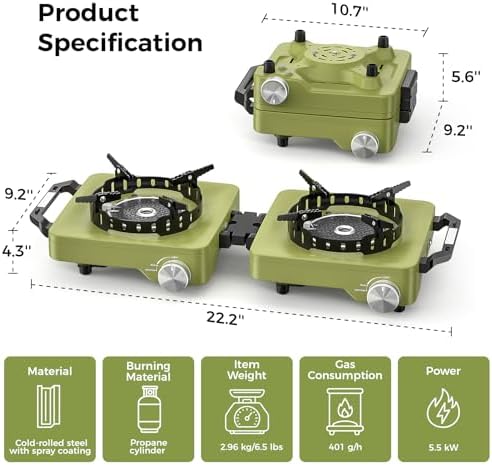 MoKo Propane Camping Stove 2 Burner, 36,000 BTU Infrared & Open Flame Hybrid, Windproof Folding Portable Outdoor Gas Cooking Kit with Frying Pan & Carry Bag For RV, Tailgating, Survival, Green