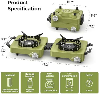 MoKo Propane Camping Stove 2 Burner, 36,000 BTU Infrared & Open Flame Hybrid, Windproof Folding Portable Outdoor Gas Cooking Kit with Frying Pan & Carry Bag For RV, Tailgating, Survival, Green