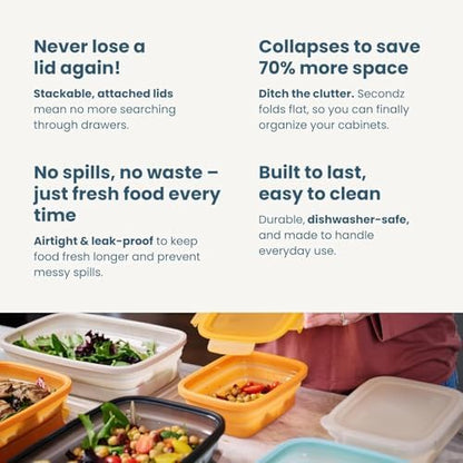 Drip EZ Secondz Collapsible Food Storage Containers – Set of 4, Space-Saving Airtight Meal Prep & Leftover Containers – Microwave, Freezer & Dishwasher Safe, BPA-Free, Locking Lids – Orange