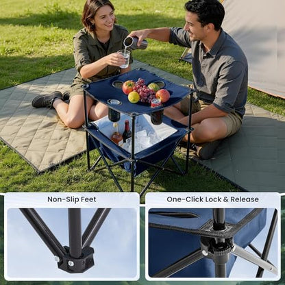 Portable Outdoor Folding Camping Table with 4 Cup Holders & Cooler Compartment, Waterproof Picnic Table for Picnic, BBQ, Beach, Hiking (Navy Blue)