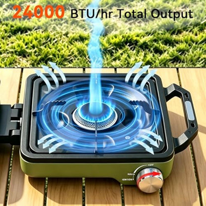 2 Burner Camping Stove with 2-In-1 Cookware Set, 24000 BTU Propane Gas Stove, Foldable Camp Stove with Frying Pan, Pot, Windshield & Carry Bag, Camping Essentials for Picnic, RV, Camp kitchen, Green
