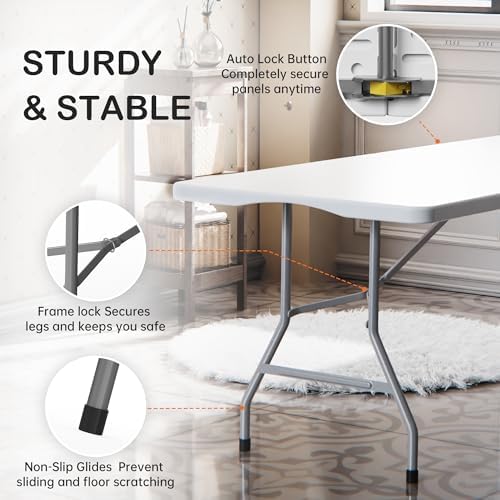VSOAEIL 6 Foot Folding Table 2 Pack, 6 FT Foldable Plastic Table Heavy Duty