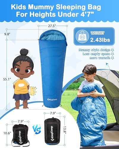 KingCamp 45°F Kids Sleeping Bag, 100% Flannel Sleeping Bag for 10-12 Child