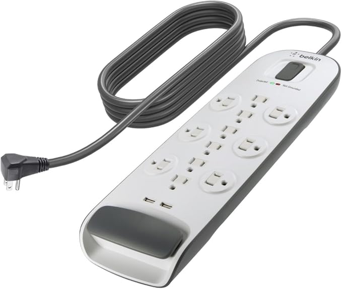 Belkin USB Power Strip Surge Protector - 12 AC Multiple Outlets & 2 USB Ports - 6 ft Long Flat Plug Extension Cord for Home, Office, Travel, Computer Desktop & Charging Brick - White (3,996 Joules)