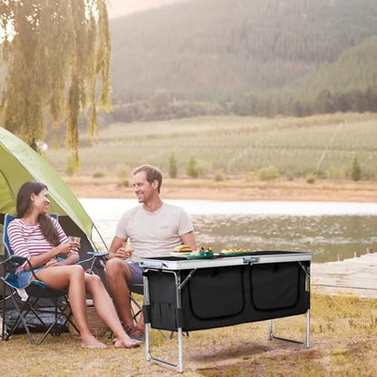 VINGLI 4 Ft Folding Table, Aluminum Camping Table, Picnic Table with Storage, Adjustable Height for Outdoor Beach BBQ Backyards Travel Party (Black)