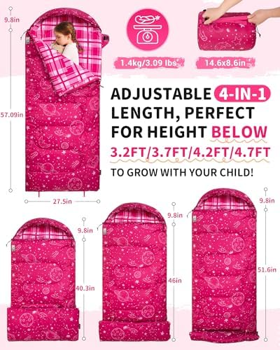 KingCamp 45°F Kids Sleeping Bag, 100% Flannel Sleeping Bag for 10-12 Child
