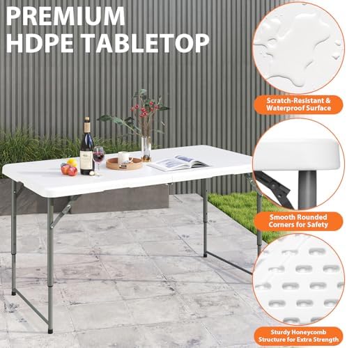 SKONYON 4 Foot Folding Table Heavy Duty Portable Fold-in-Half Plastic Utility Table Small Indoor Outdoor Adjustable Height Folding with Carrying Handle, Camping and Party, Portable White