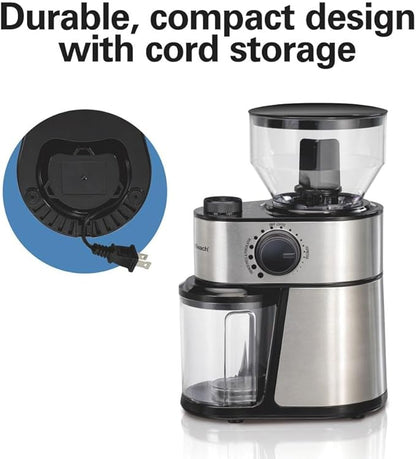 Hamilton Beach Electric Burr Coffee Grinder with Large 16oz Hopper & 18 Settings For 2-14 Cups, Stainless Steel (80385)