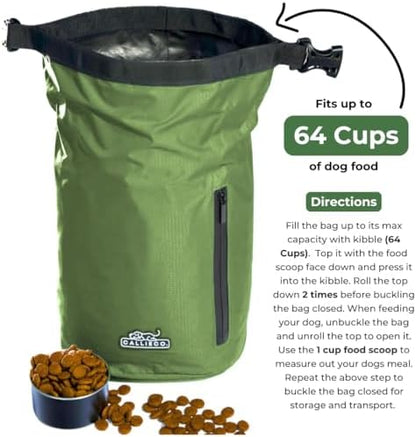 Callieco Dog Food Travel Bag w/ 1 Cup Scoop and Zipper Side Pocket | Waterproof Kibble Storage Container for Home, Road Trips, Camping, Boarding and More (Green, 64 Cups)