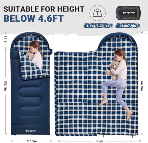 KingCamp 45°F Kids Sleeping Bag, 100% Flannel Sleeping Bag for 10-12 Child