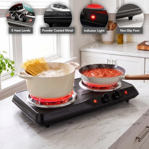 OVENTE Electric Double Burner, 1700W Coil Hot Plate, Black BGC102B